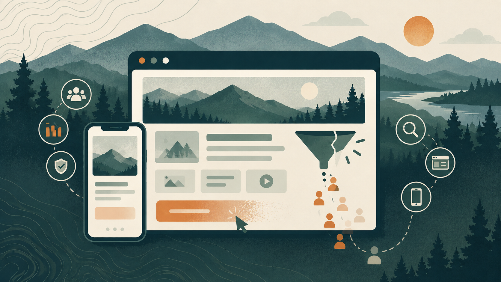 Website conversion graphic featuring desktop and mobile screens, lead tracking icons, a broken funnel, and a Vermont mountain landscape.