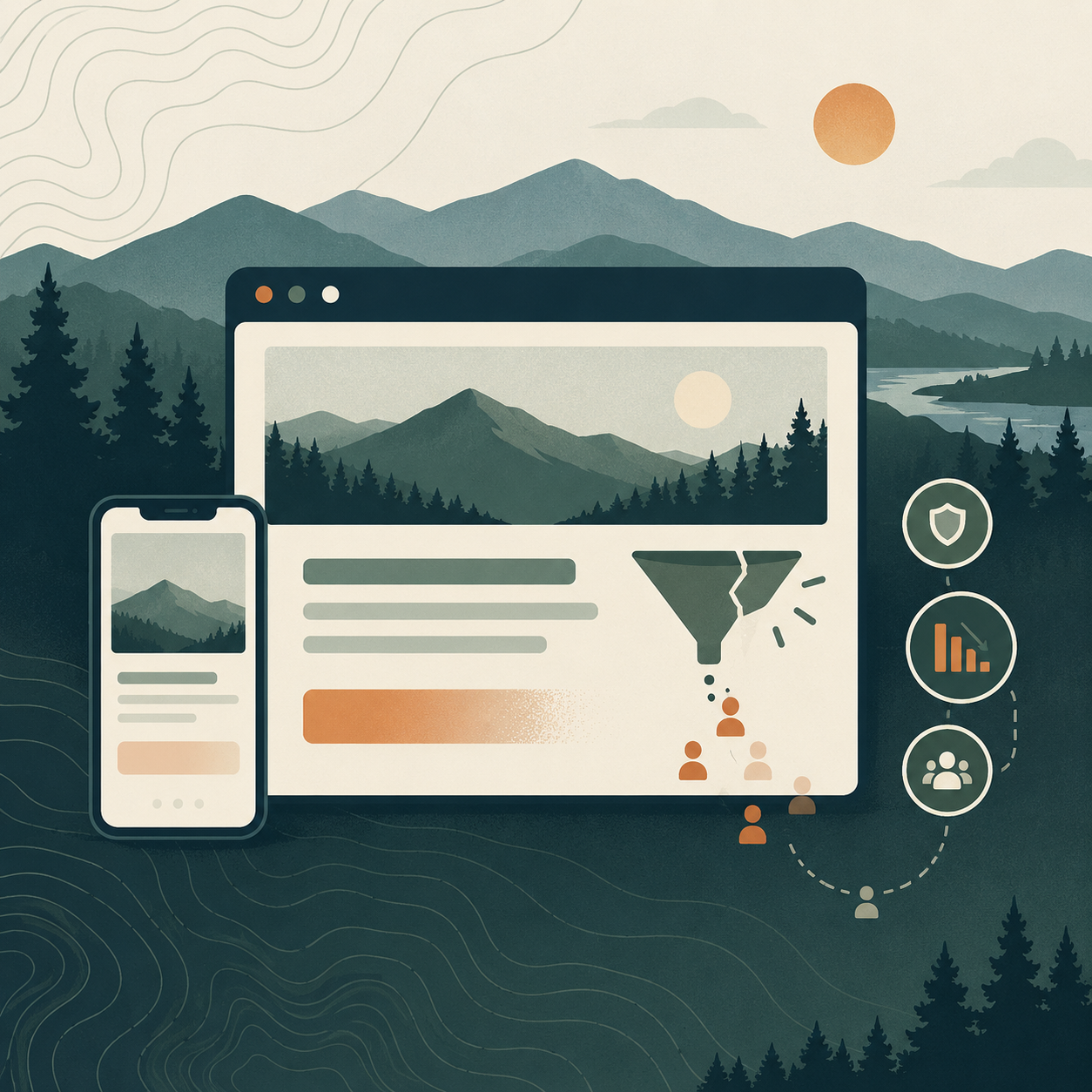 Website conversion illustration with desktop, mobile screens, a broken funnel, and customer icons.