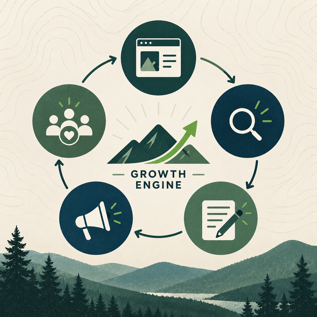 Small business growth engine illustration with icons surrounded by Vermont mountains.