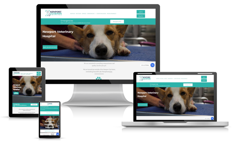 Website design on multiple devices. Newport Veterinary Hospital with dog image.