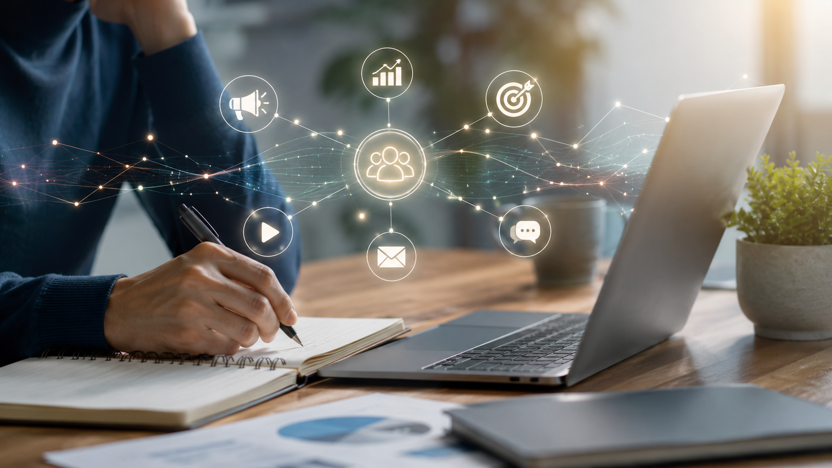 Workspace with laptop, notebook, and digital marketing icons representing AI-supported strategy and online marketing.