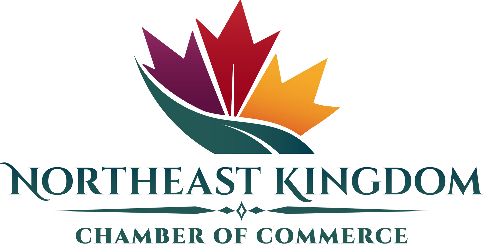 Logo of the Northeast Kingdom Chamber of Commerce; maple leaf in red, orange, and purple over text.