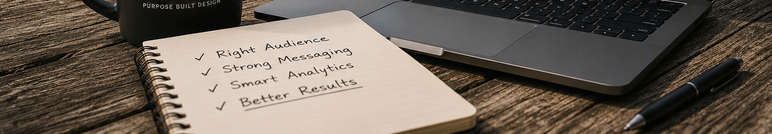 Close-up of a notebook beside a laptop displaying marketing analytics, listing key elements of effective traffic strategy, including right audience, strong messaging, smart analytics, and better results.
