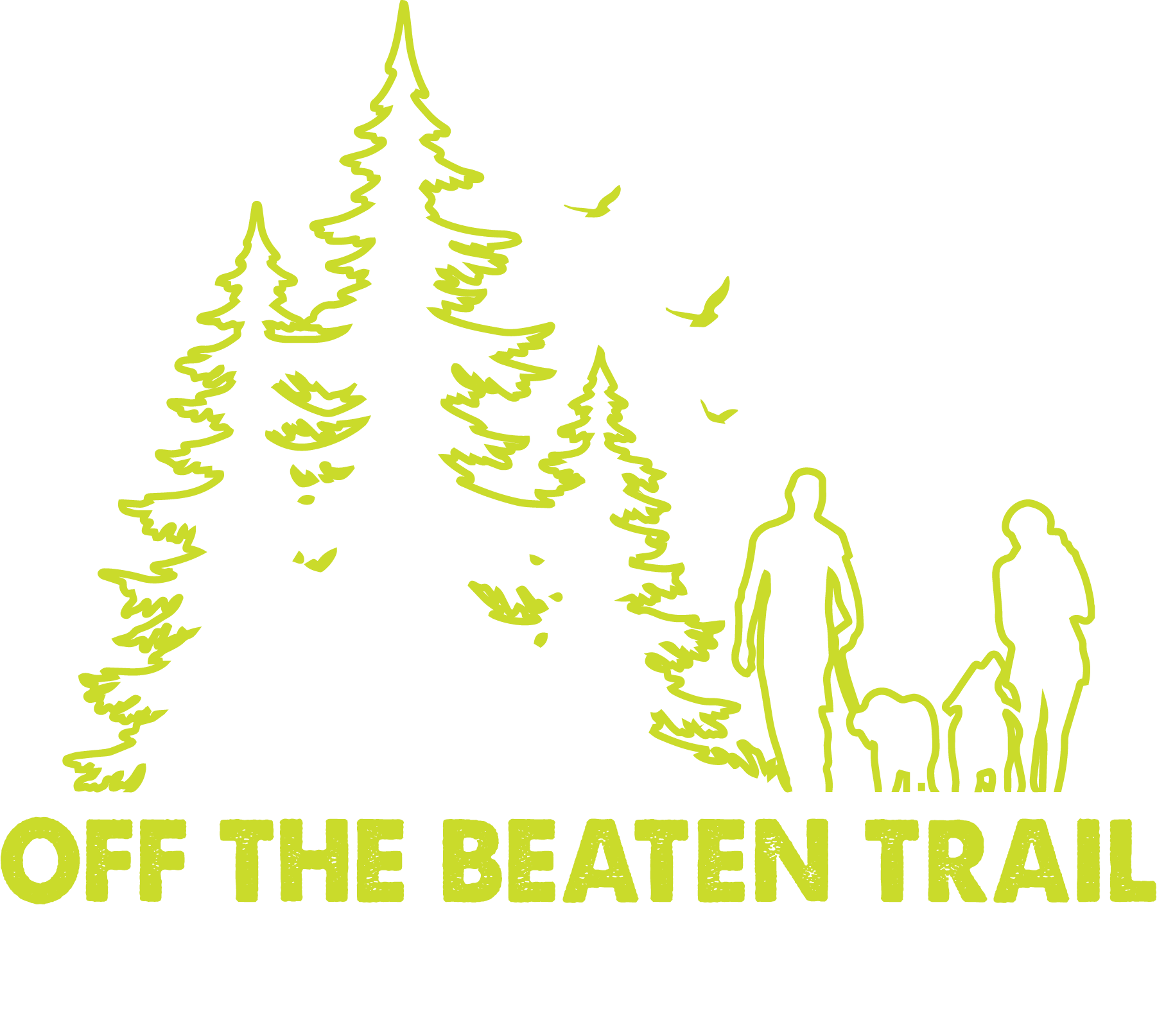 Yellow outline of trees, people with dogs on a trail. Text 