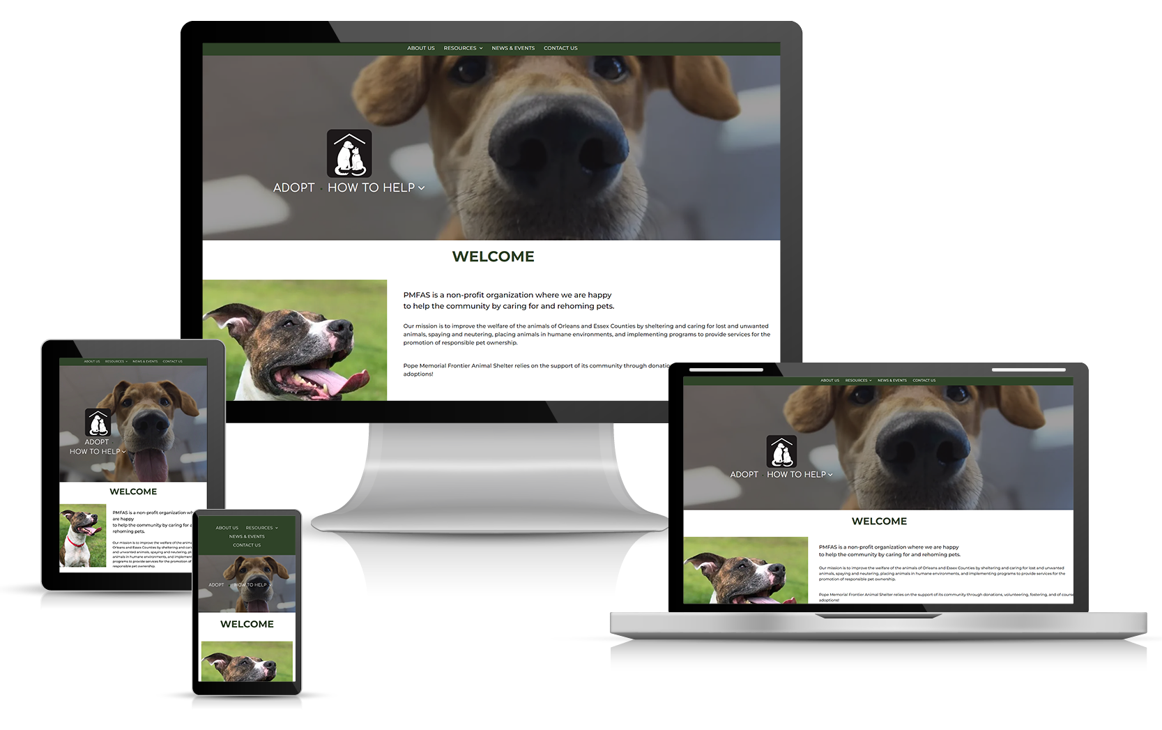 Pope Memorial Frontier Animal Shelter Website displayed on different devices showing a dog with a welcoming message.