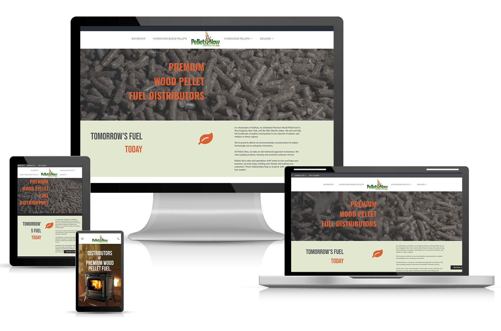 Website mockup, displaying a green logo and text over images of wood pellets, on different devices.