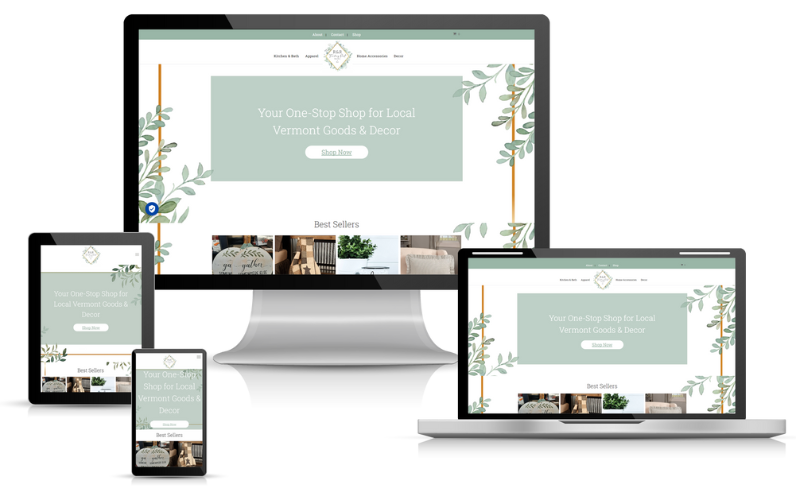 Website design displayed on multiple devices: desktop, tablet, laptop, and mobile. Light green, floral accents.