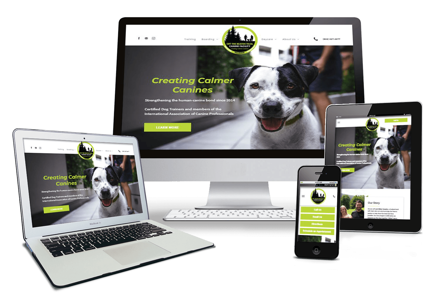 Website design, dog photo on multiple devices: laptop, desktop, tablet, phone. Green and black branding.