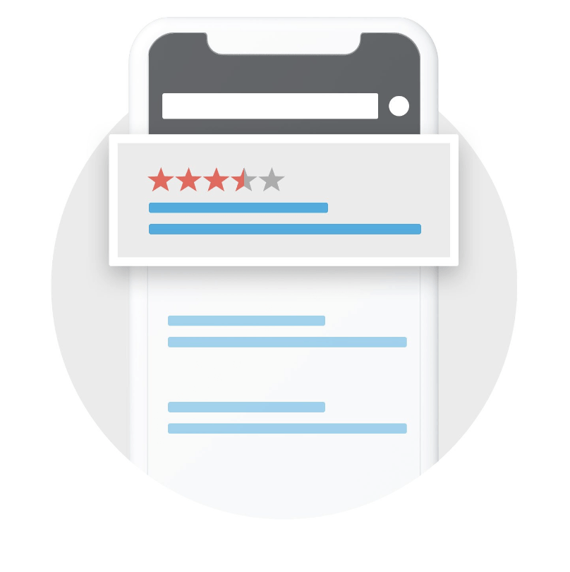 Smartphone displaying customer reviews with star ratings.