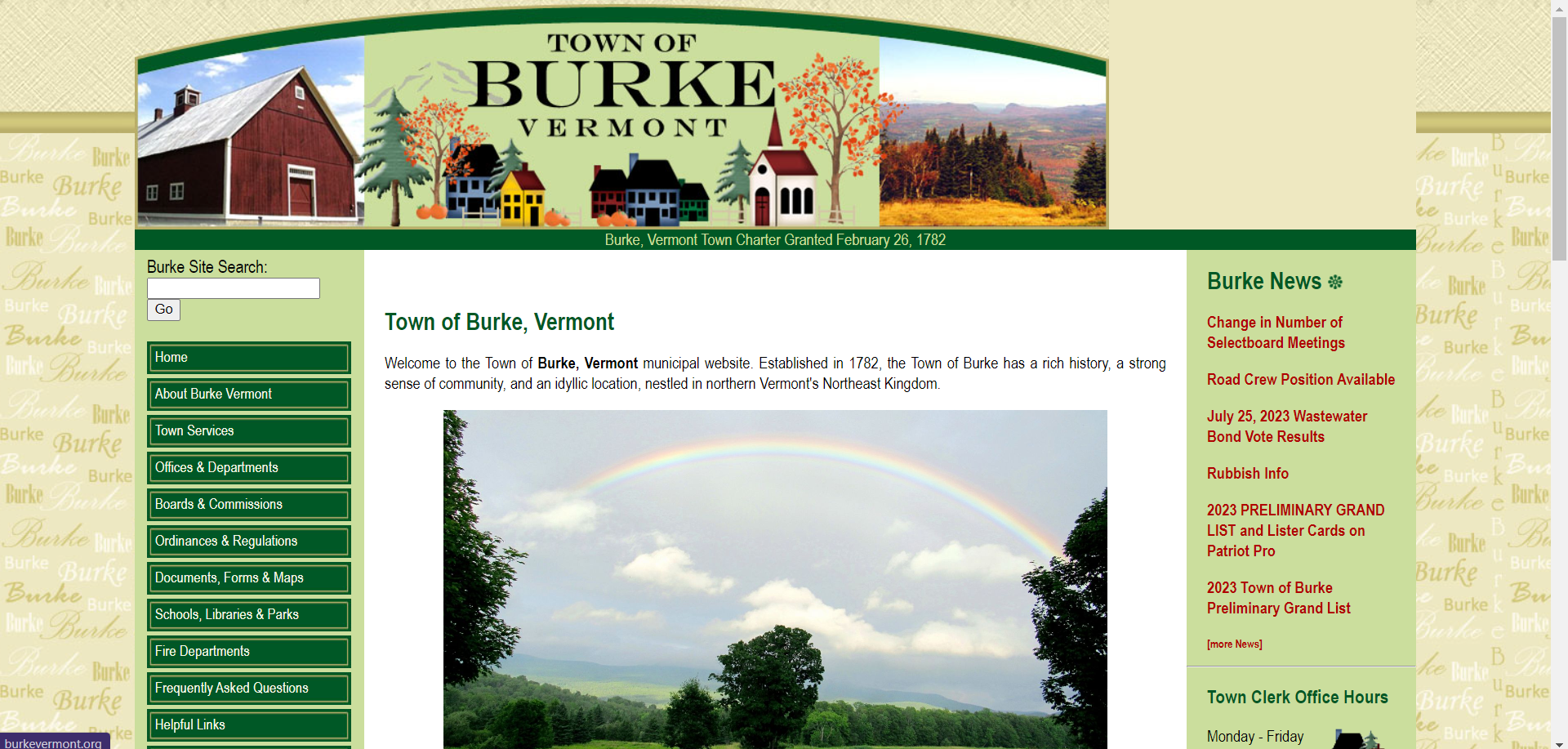 Town of Burke, Vermont website. Green and white layout with rainbow photo.
