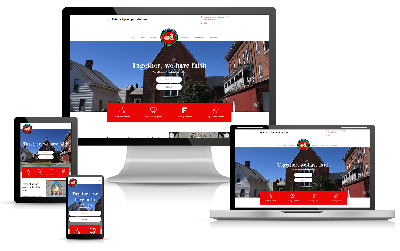 Website displayed on desktop computer, tablet, laptop, and phone; red and white color scheme.