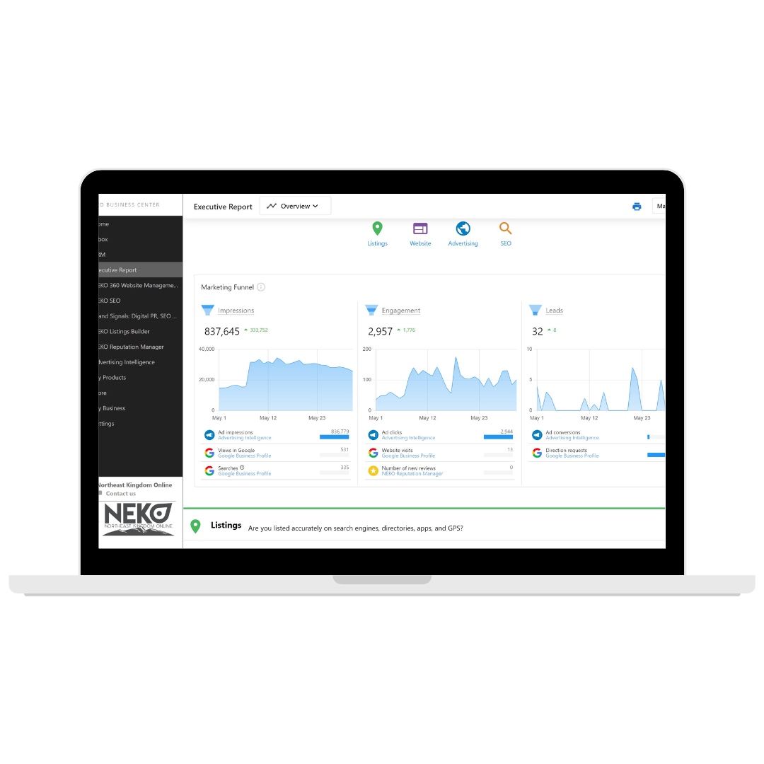 Laptop displaying a data analytics dashboard with blue graphs and a sidebar menu.