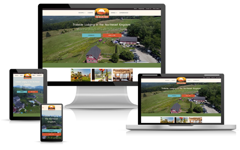 Website design showcasing a cabin in a natural setting on a desktop, laptop, tablet, and phone.