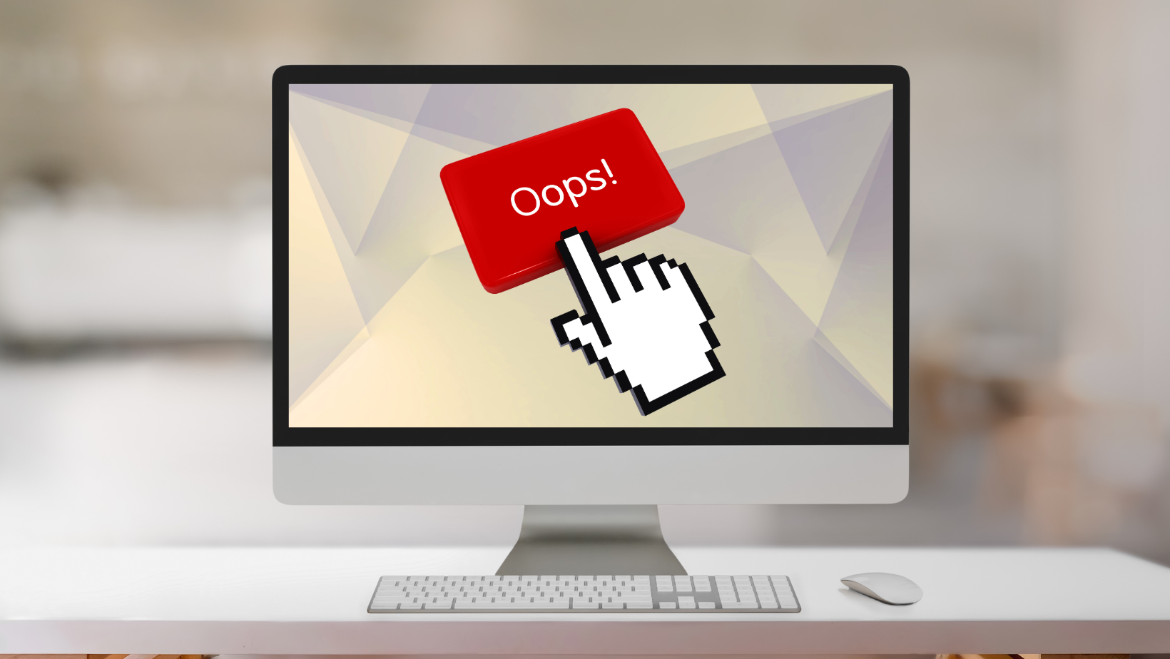 A computer monitor with a hand pressing a button that says oops !