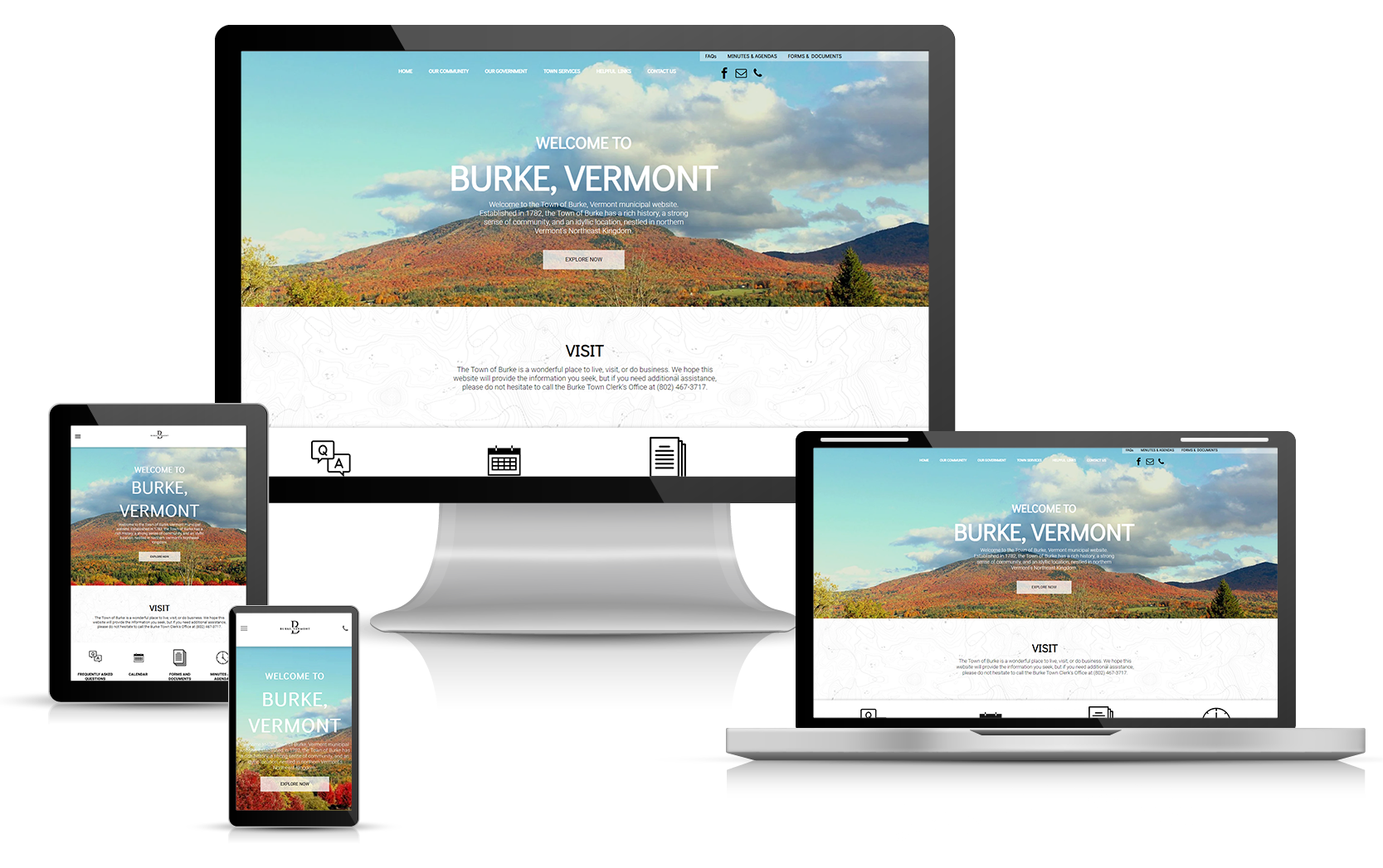 Town of Burke Website design showcasing a mountain view from Burke, Vermont, displayed on multiple devices.