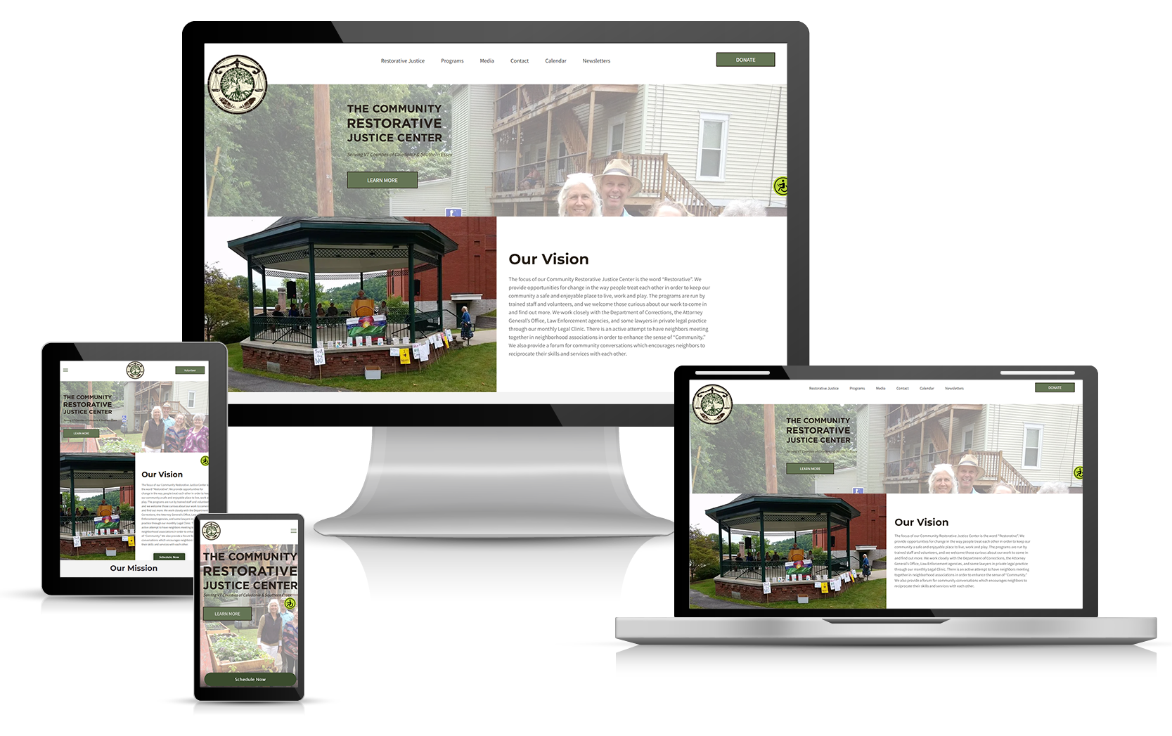 Community Restorative Justice Center Website displayed on computer monitor, tablet, laptop, and smartphone, showing a gazebo and text.