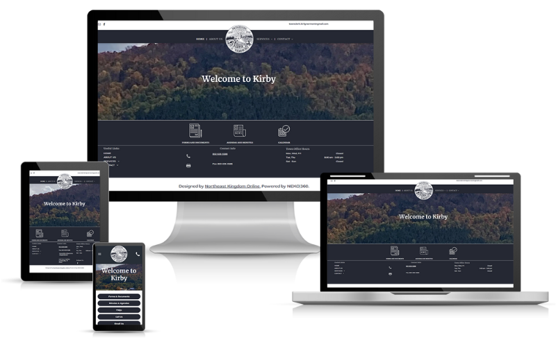 Website displayed on desktop computer, laptop, tablet, and mobile phone. Dark theme with a nature scene.
