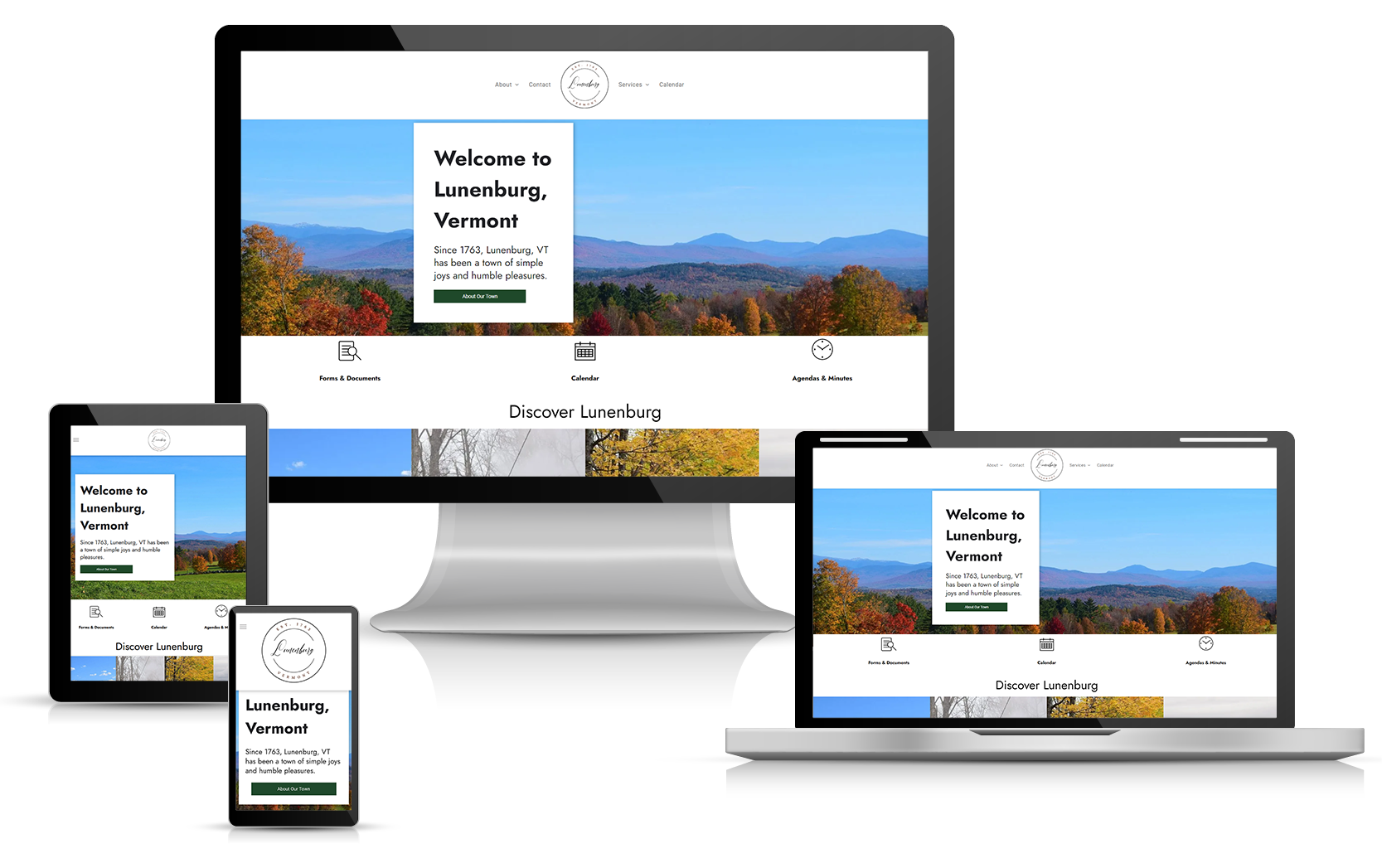 Town of Lunenburg Website displayed on multiple devices: desktop, laptop, tablet, and phone, with a scenic mountain image.