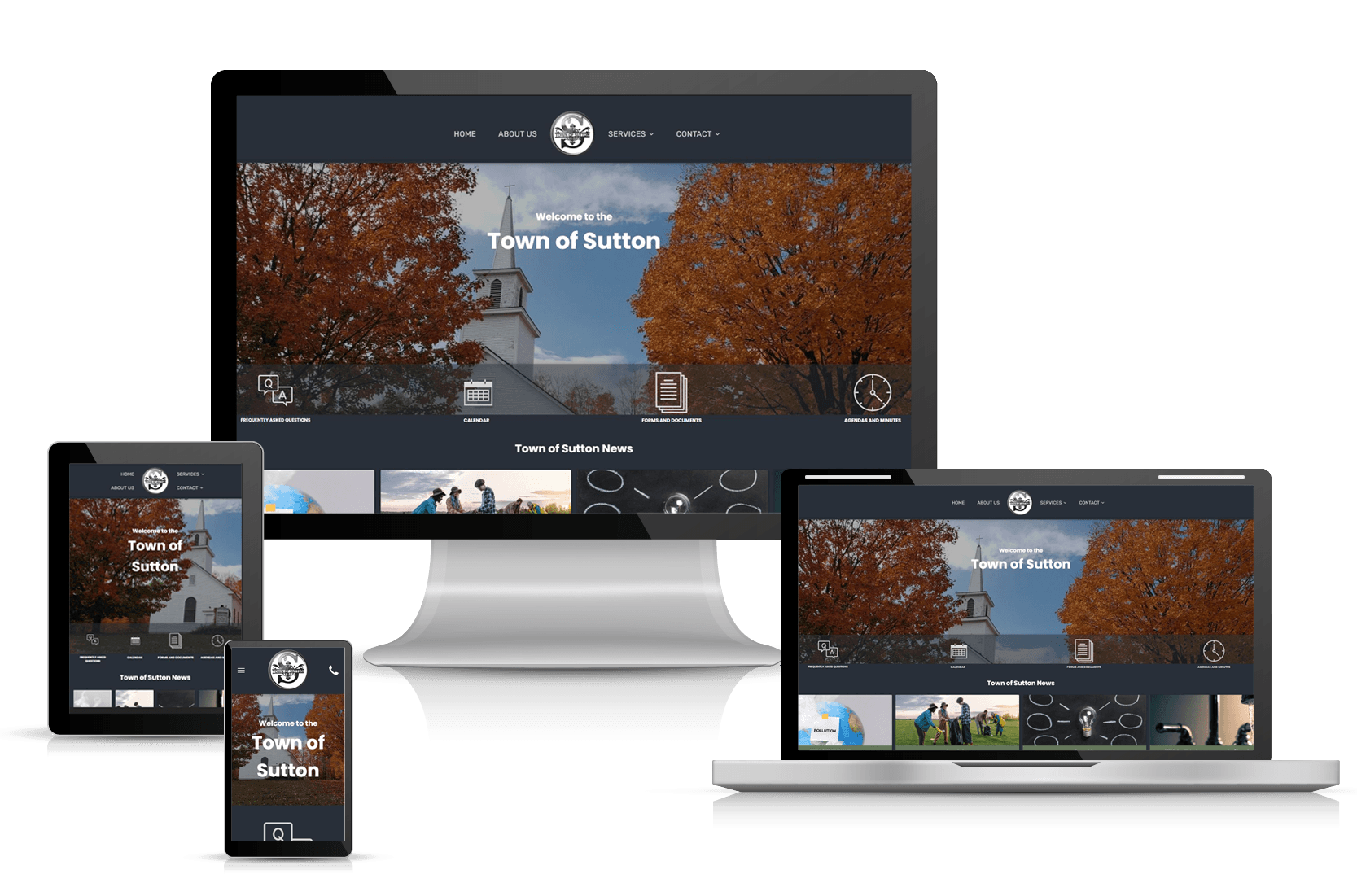 Website mockup: Town of Sudbury displayed on desktop, laptop, tablet, and phone.
