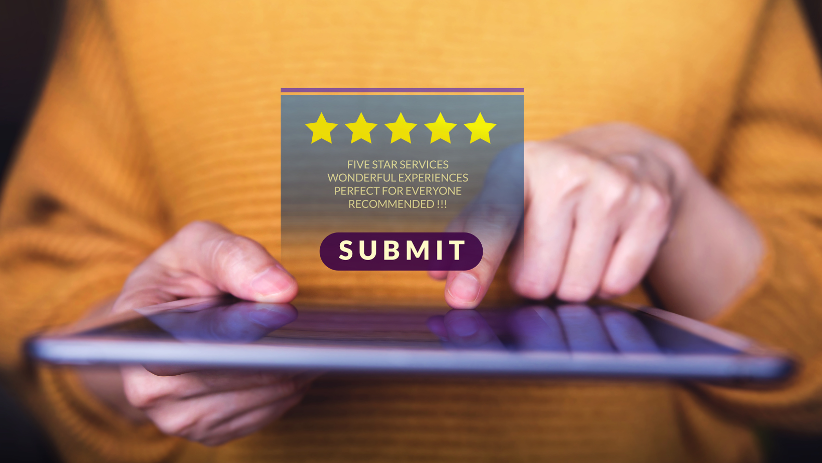A person submitting a five start review to an anonymous company on a tablet.