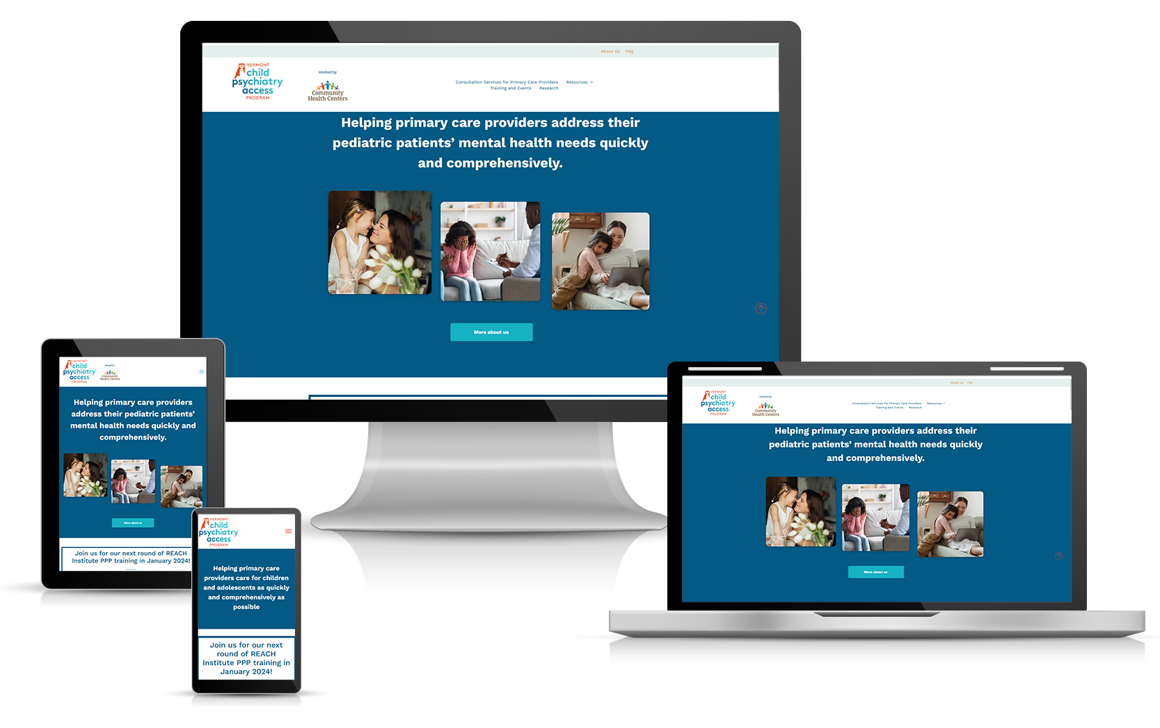 Website design mockup displayed on desktop, laptop, tablet, and phone screens in blue and white.