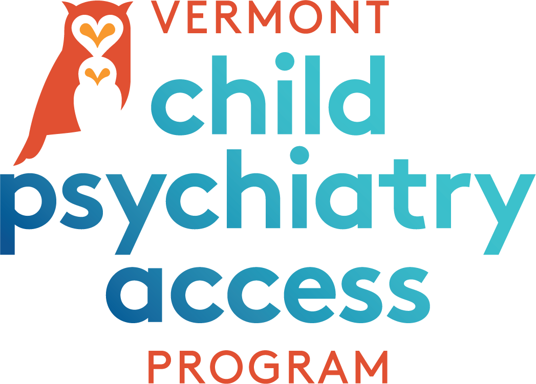 Vermont Child Psychiatry Access Program logo. Text and owl graphic in blue, teal, orange.