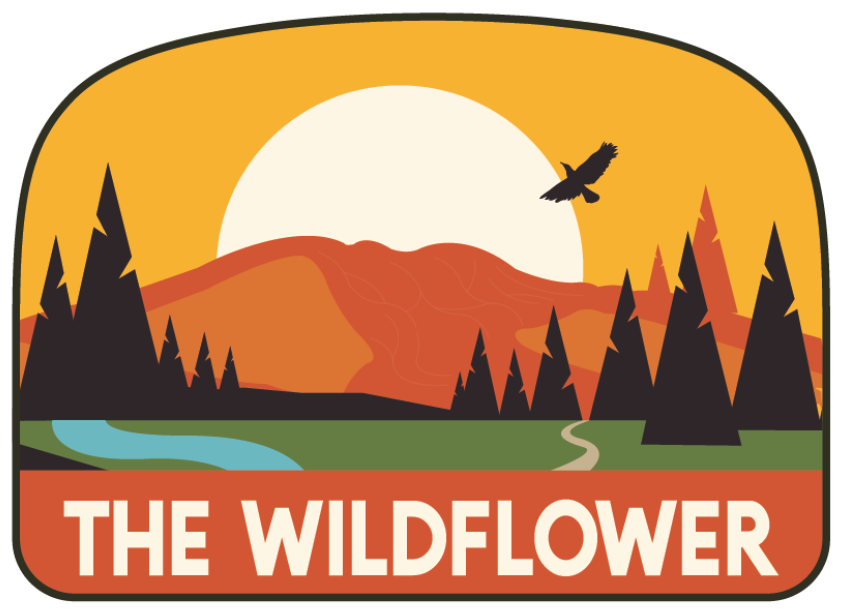 Sunset over mountains and trees, with a river and bird in flight. Text: