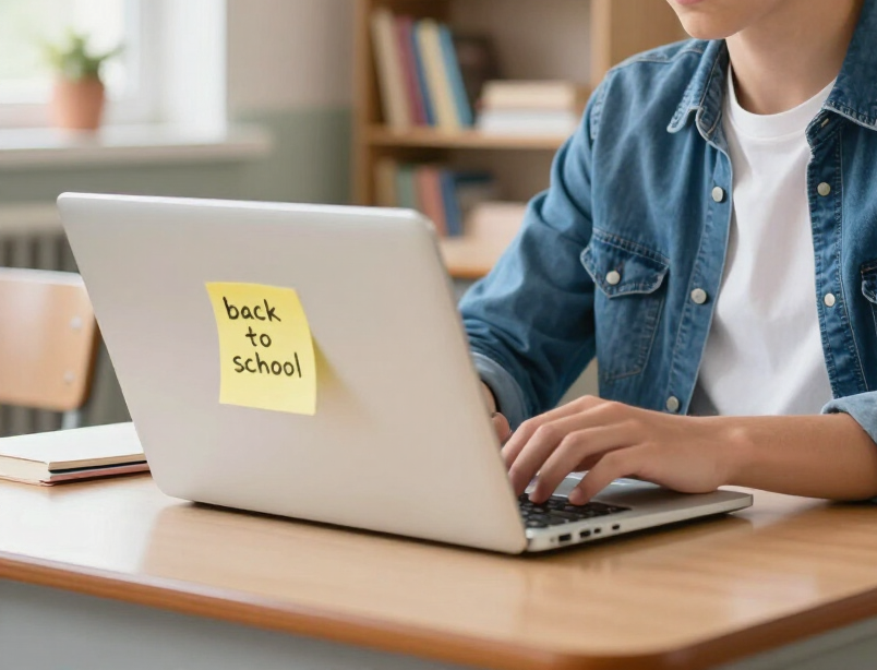 Person using a laptop with a “Back to School” note while planning a seasonal marketing campaign.
