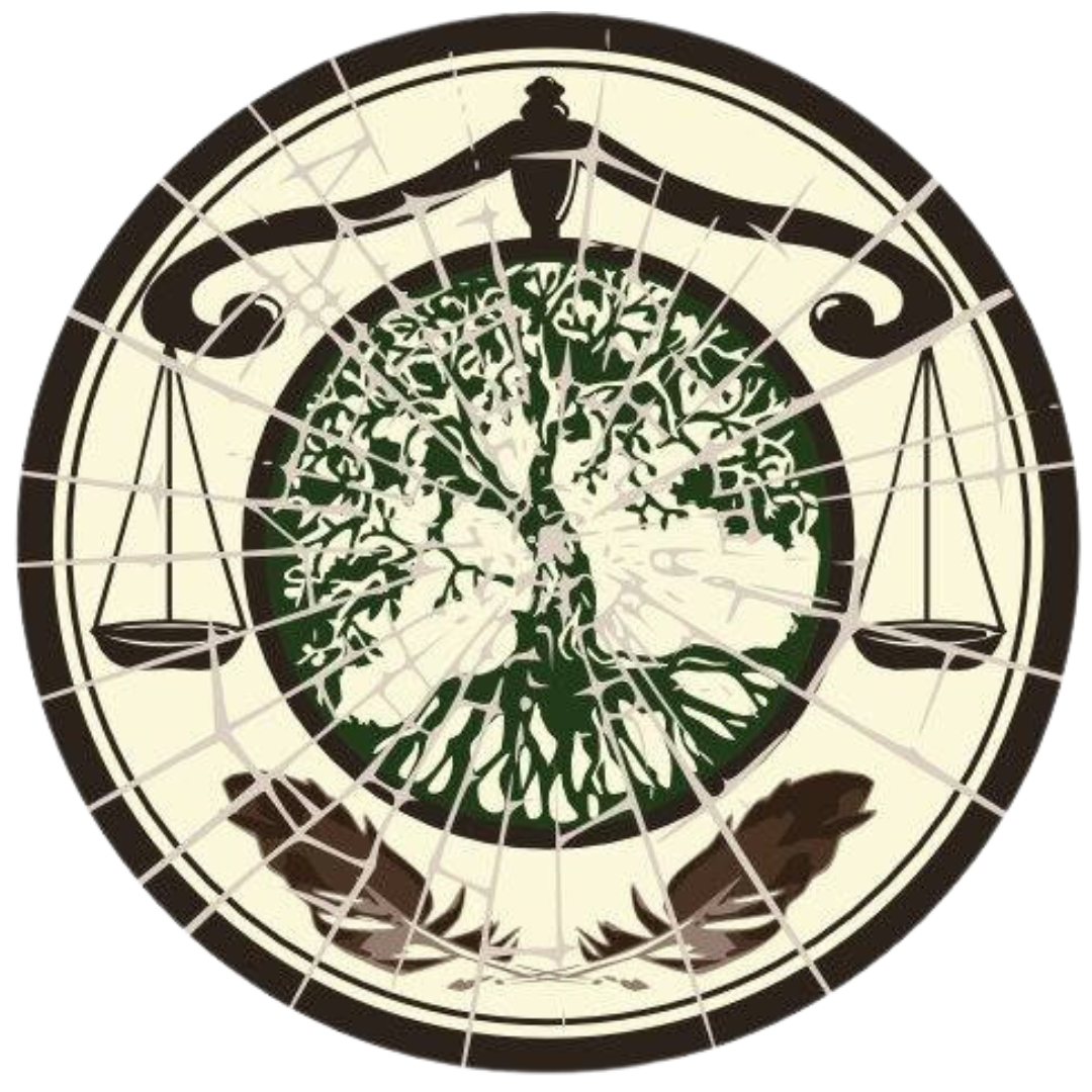 A circular seal with a tree, scales, and broken glass effect.