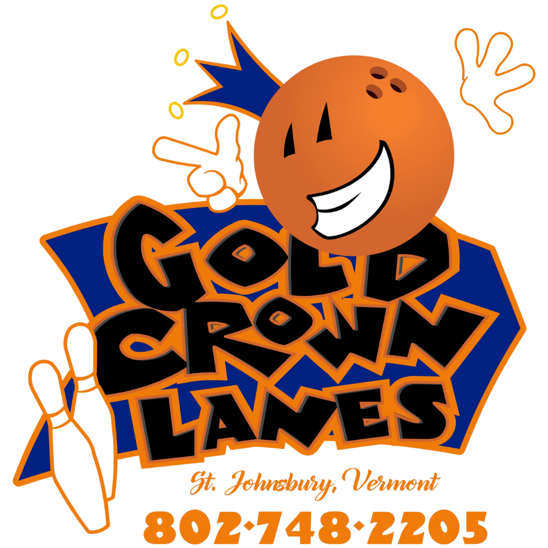 Gold Crown Lanes logo: orange bowling ball character with crown and hand gestures, blue background, bowling pins.