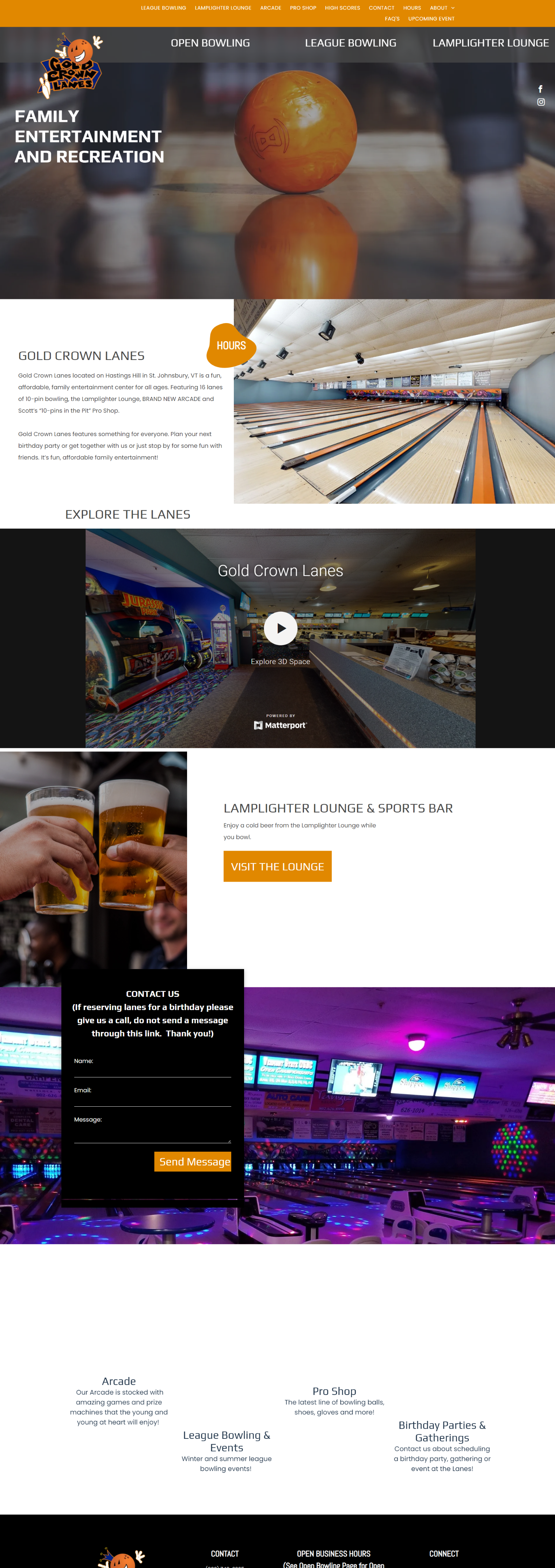 Website home page with an orange, bowling alley, and bar.
