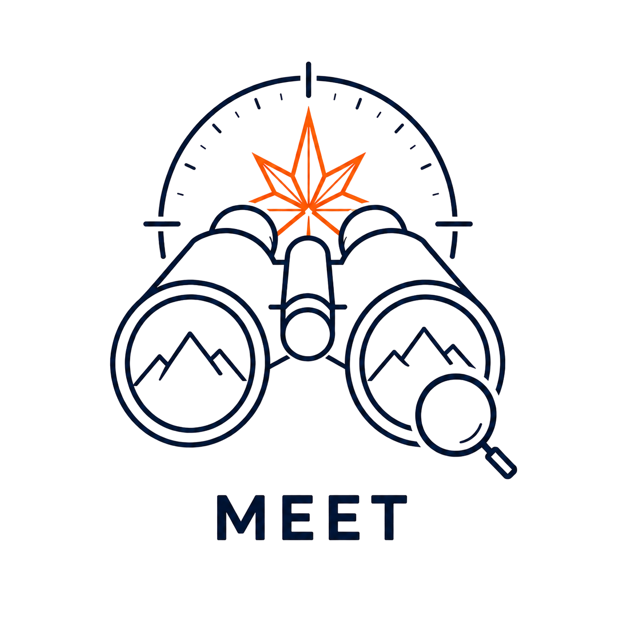 Binoculars with a starburst, arching scale above, and the word “MEET” below, in navy and orange.