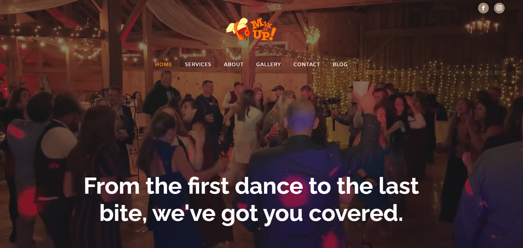 People dancing at a wedding reception; text reads: “From the first dance to the last bite, we’ve got you covered.”