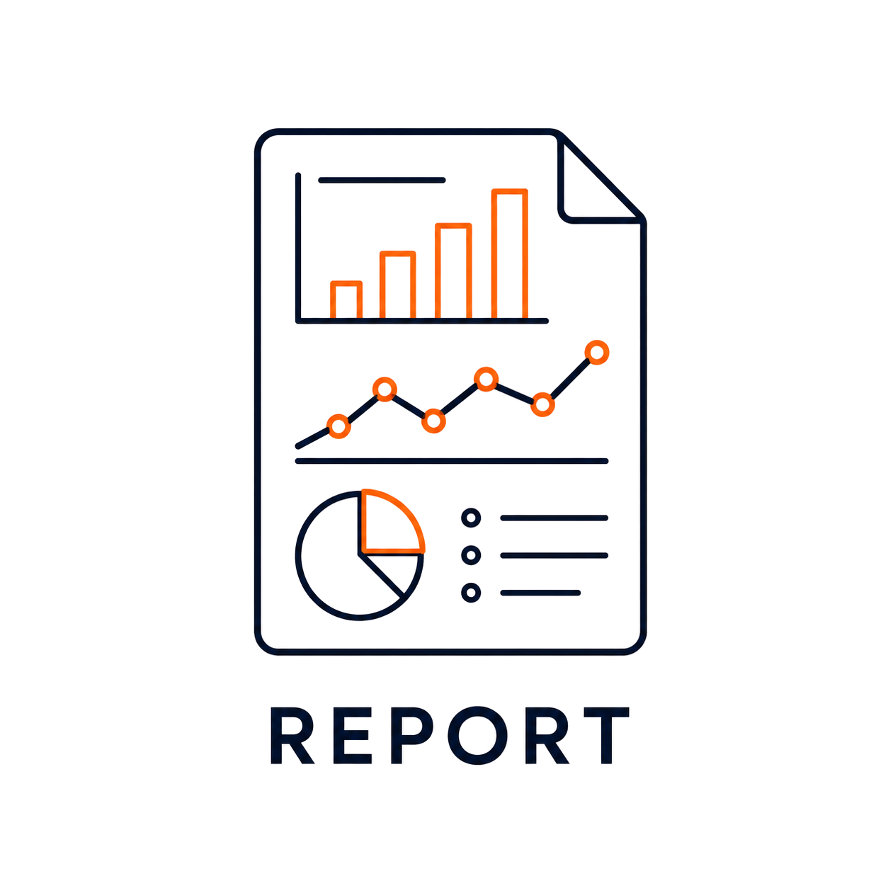 Illustrated report document with orange charts and graphs, labeled “REPORT”