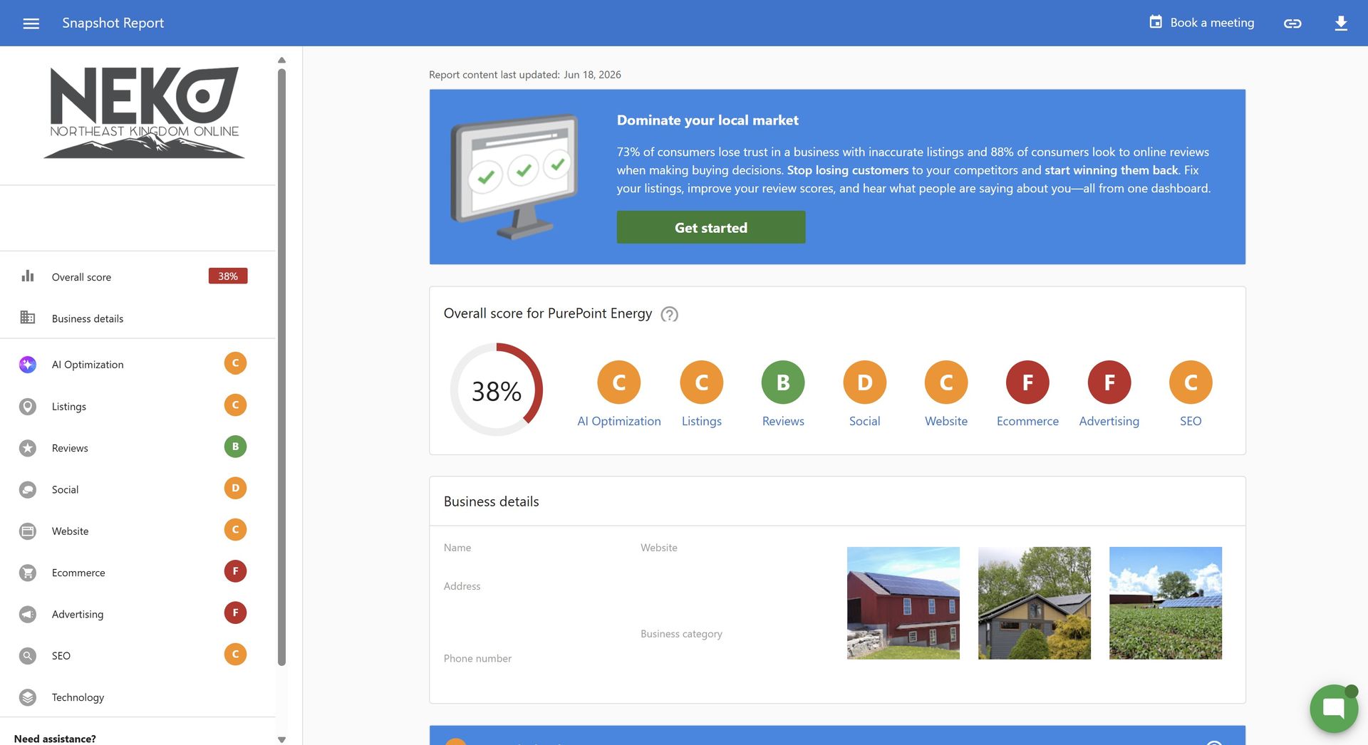 NEKO dashboard with blue banner, status icons, sidebar menu, and property thumbnails