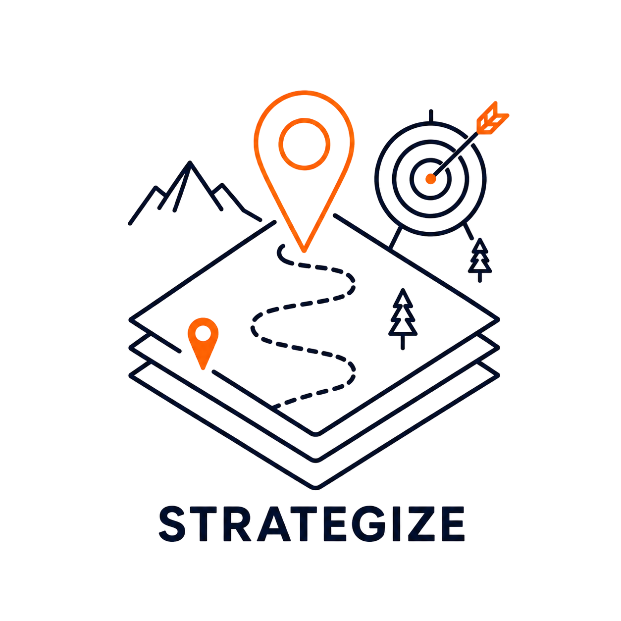 Strategy illustration with map pin, route path, target, and mountains above the word “STRATEGIZE”