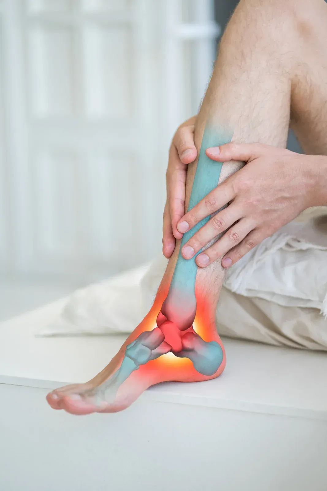 Person holding foot and ankle, highlighted with red and blue to indicate pain.