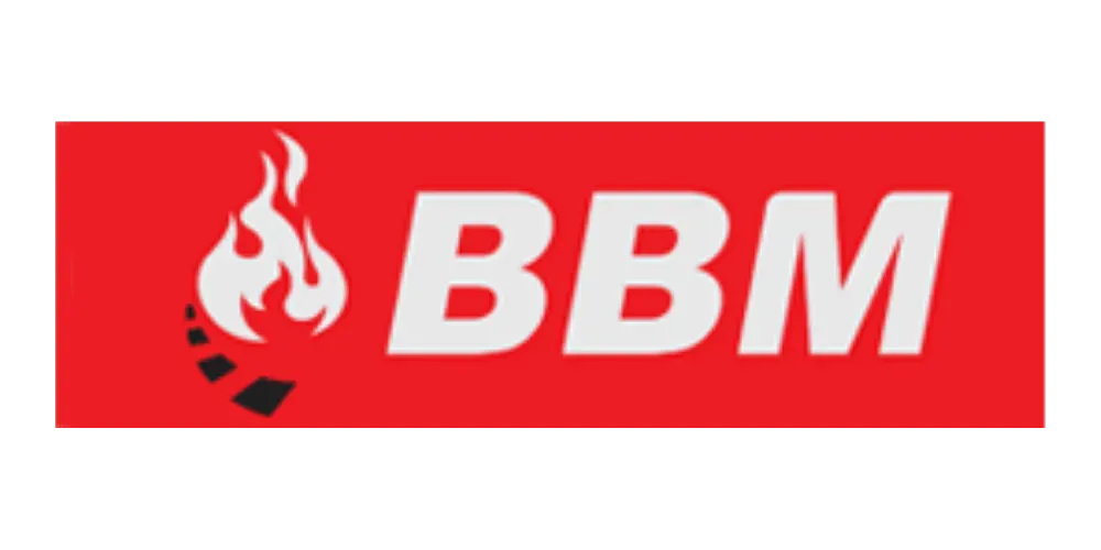 Red BBM logo with a white flame icon and bold white letters on a red background