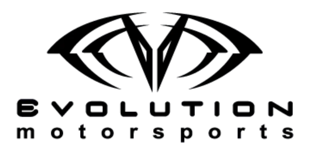 Black and white Evolution Motorsports logo with stylized winged emblem and text