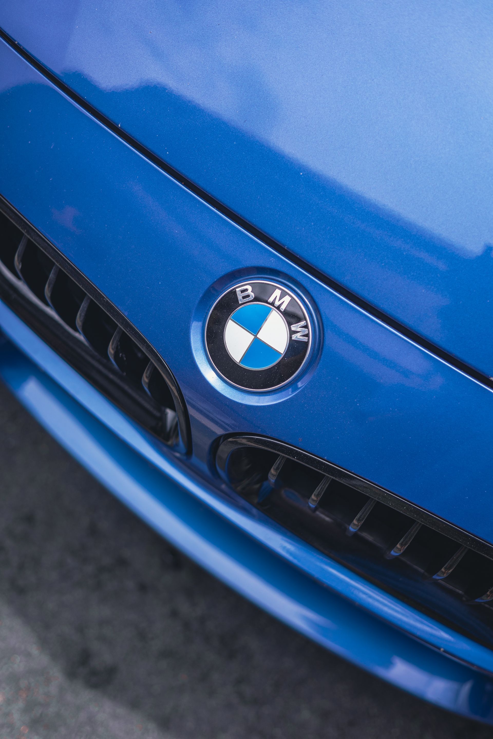 Close-up of a blue BMW front grille and logo
