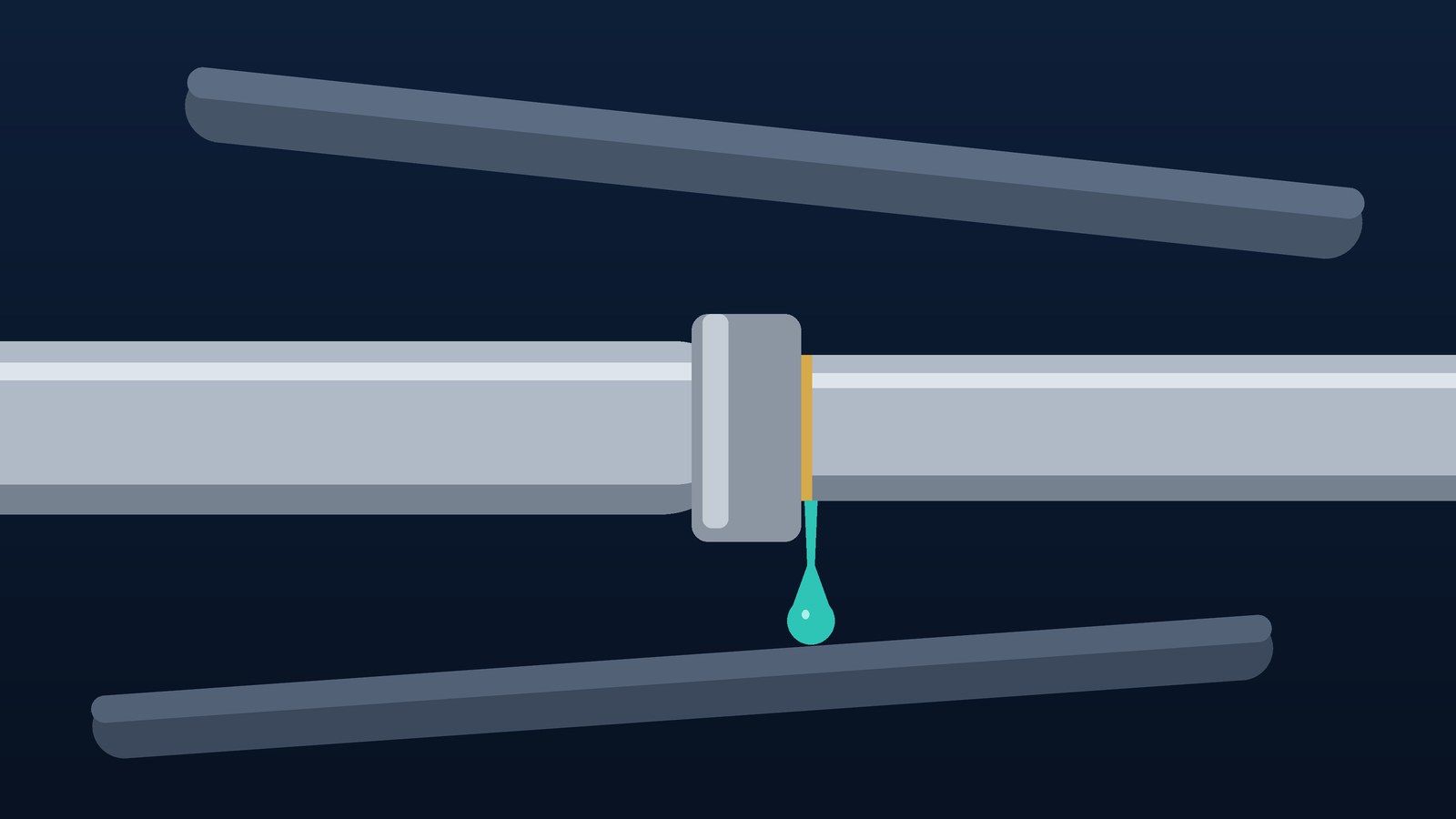 Illustration of two metal coolant pipes joined at a fitting, with a drop of coolant leaking from the joint