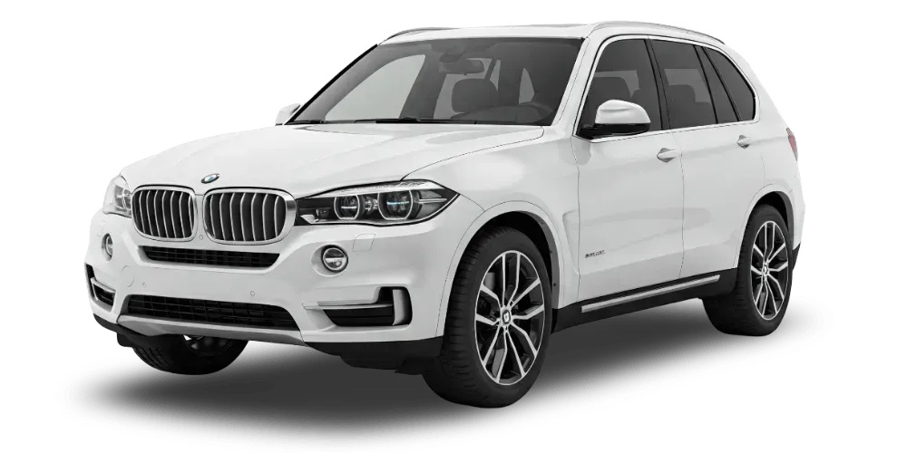 White BMW SUV on a white background, angled front view