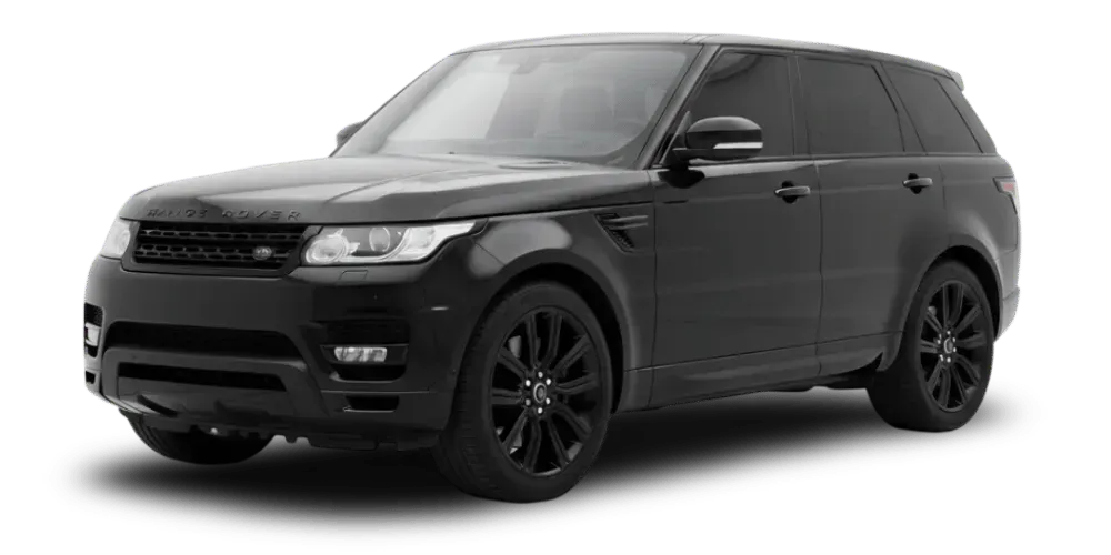 Black SUV with tinted windows and black rims on a white background