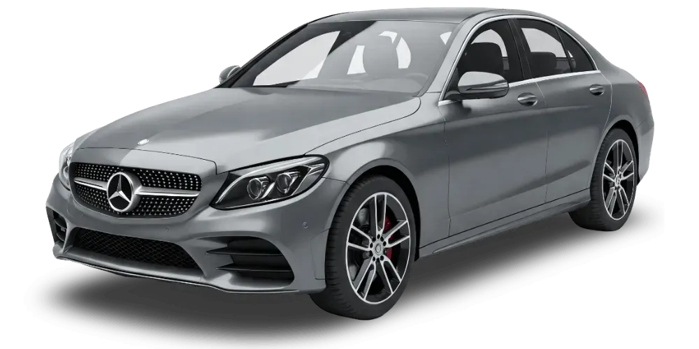 Gray Mercedes-Benz sedan on a white background, shown in front three-quarter view