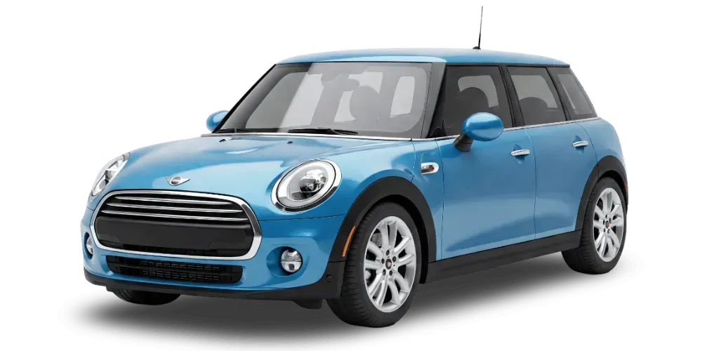 Blue compact hatchback car on a white background, angled front view