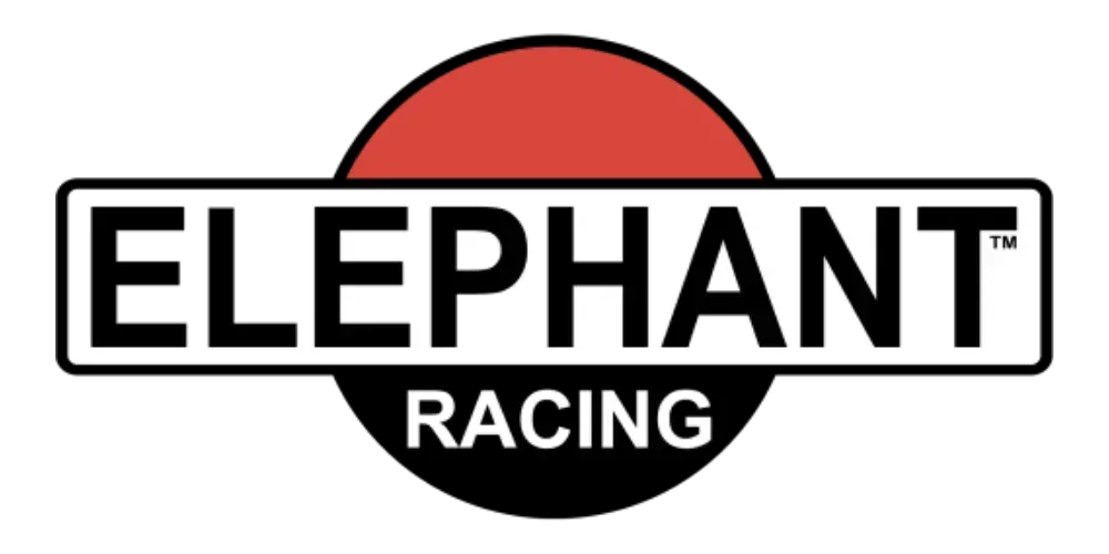 ELEPHANT RACING logo with bold black text over red and black circular background