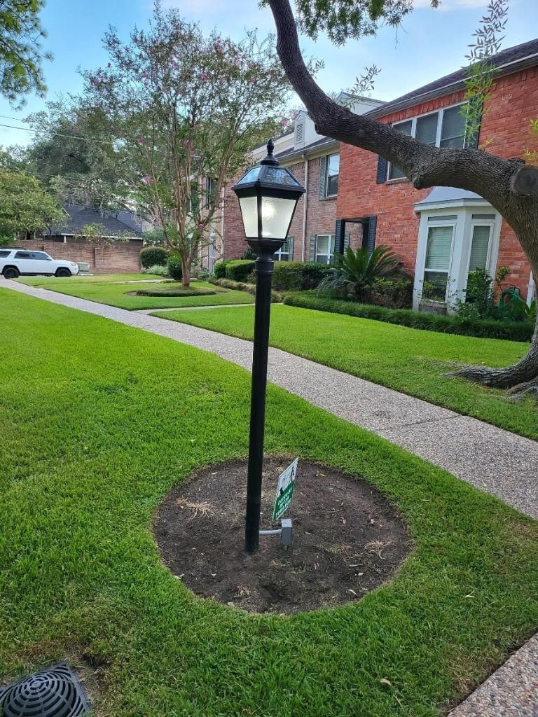 A street light is sitting in the middle of a lush green lawn.