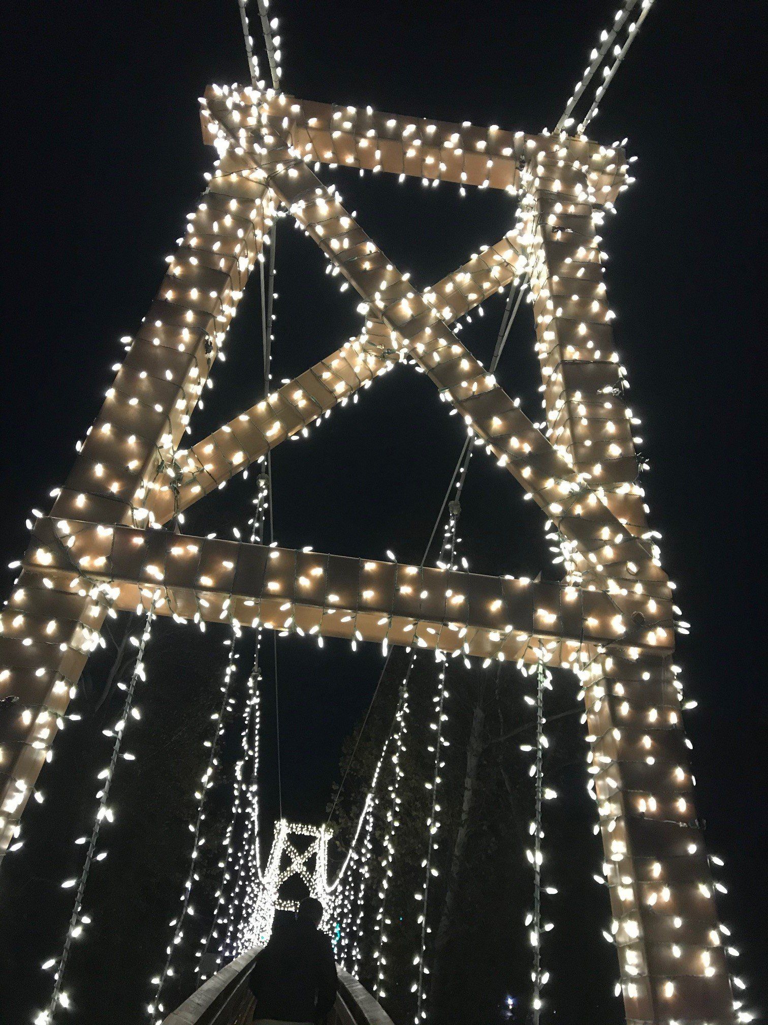 A bridge with christmas lights on it at night