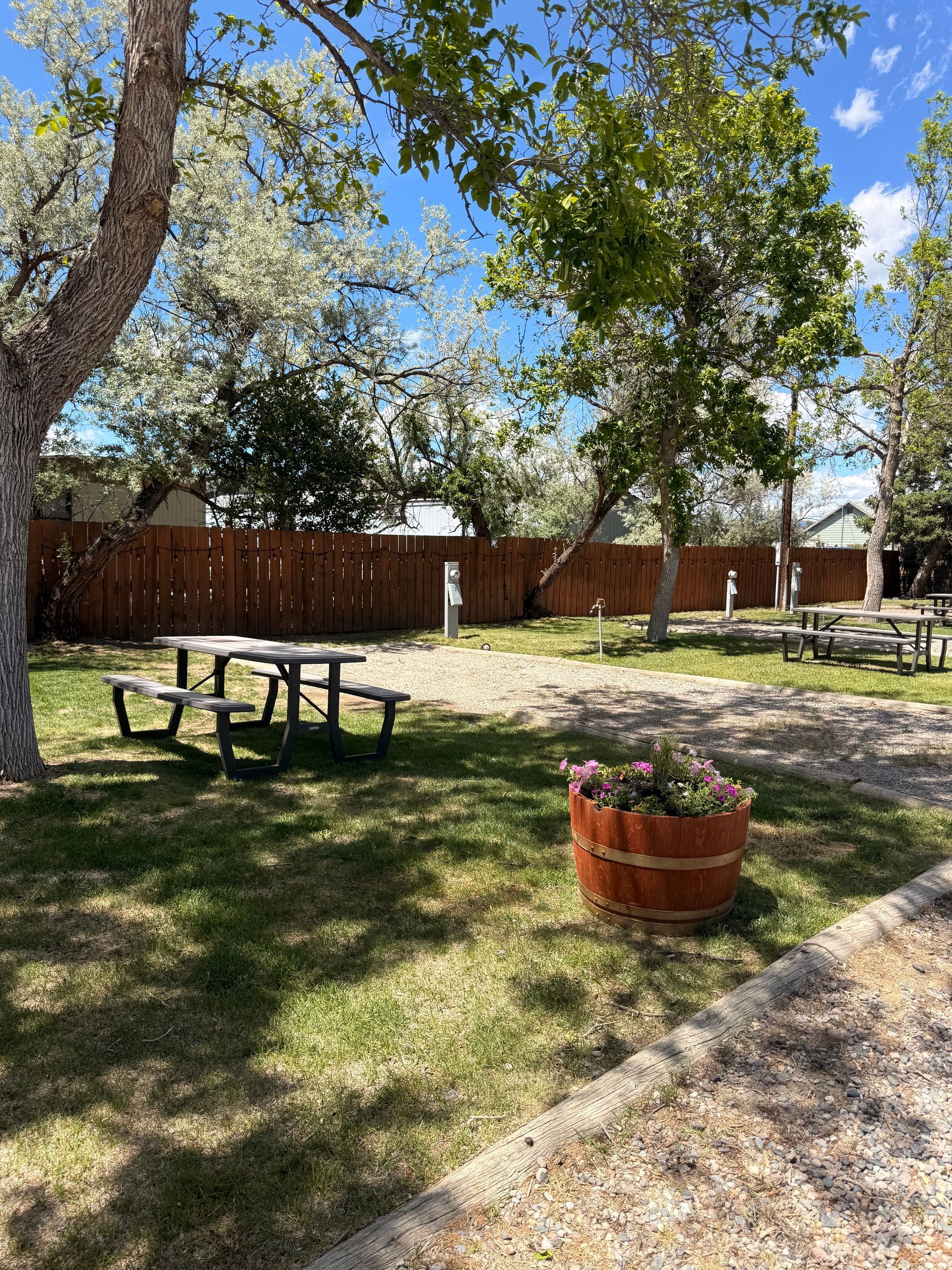 Sunny park with picnic tables, wooden fence, trees, and a red planter on a gravel path.
