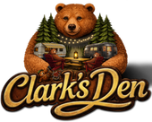 Clark’s Den RV Park logo with a brown bear, pine trees, and cabin lights
